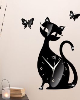 Cute Cat Mirror Black Wall Clock