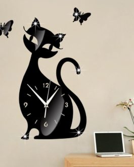 Cute Cat Mirror Black Wall Clock